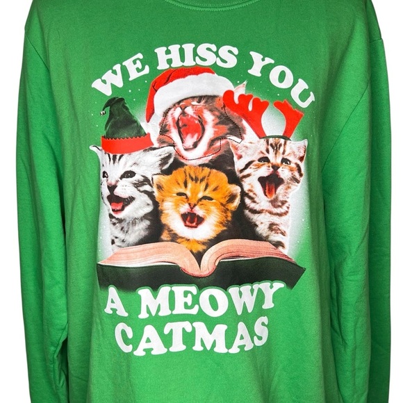 Fifth Sun We Hiss You a Meowy Catmas Green Crewneck Sweatshirt Size 2XL Cat Lady - Picture 5 of 14